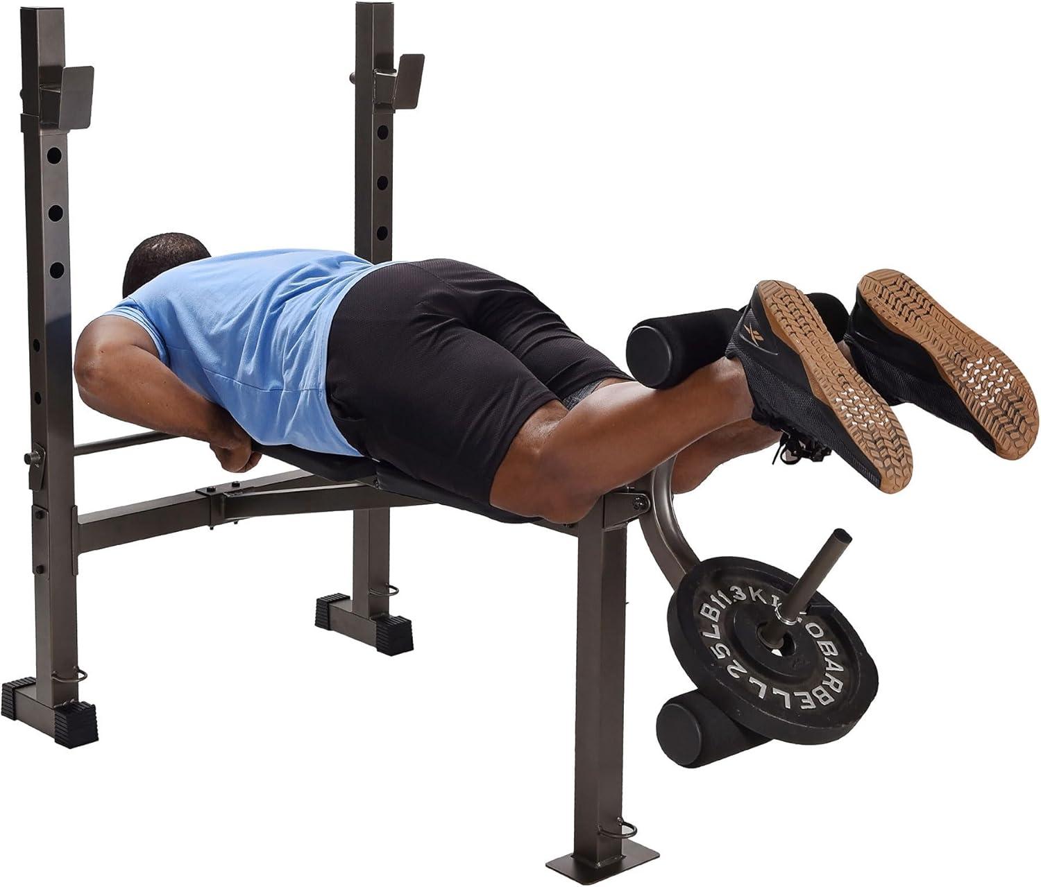Stamina Adjustable Steel Weights Bench and Barbell Rack Combo Set with Resistance Band Anchor Points for Home Gym Workout or Exercise Equipment, Black