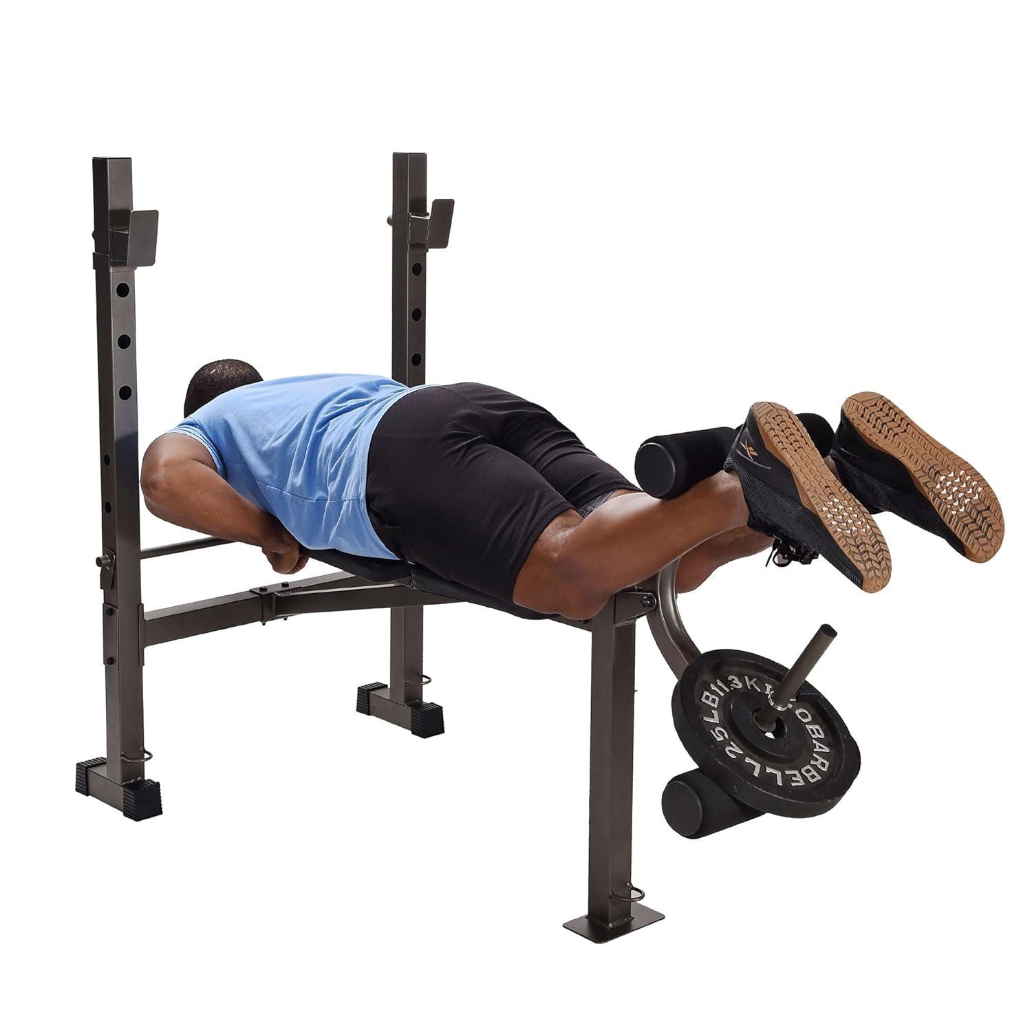 Stamina Adjustable Steel Weights Bench and Barbell Rack Combo Set with Resistance Band Anchor Points for Home Gym Workout or Exercise Equipment, Black