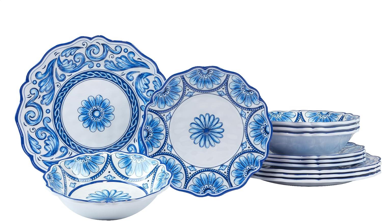 Blue and White Floral Melamine Dinnerware Set, Service for 4