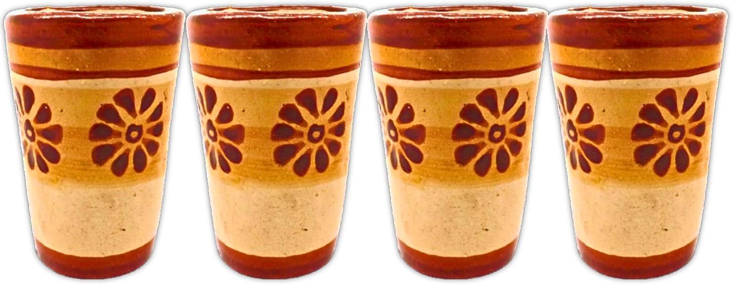 Rustic Terracotta 2 Oz Shot Glasses with Floral Design - Set of 4