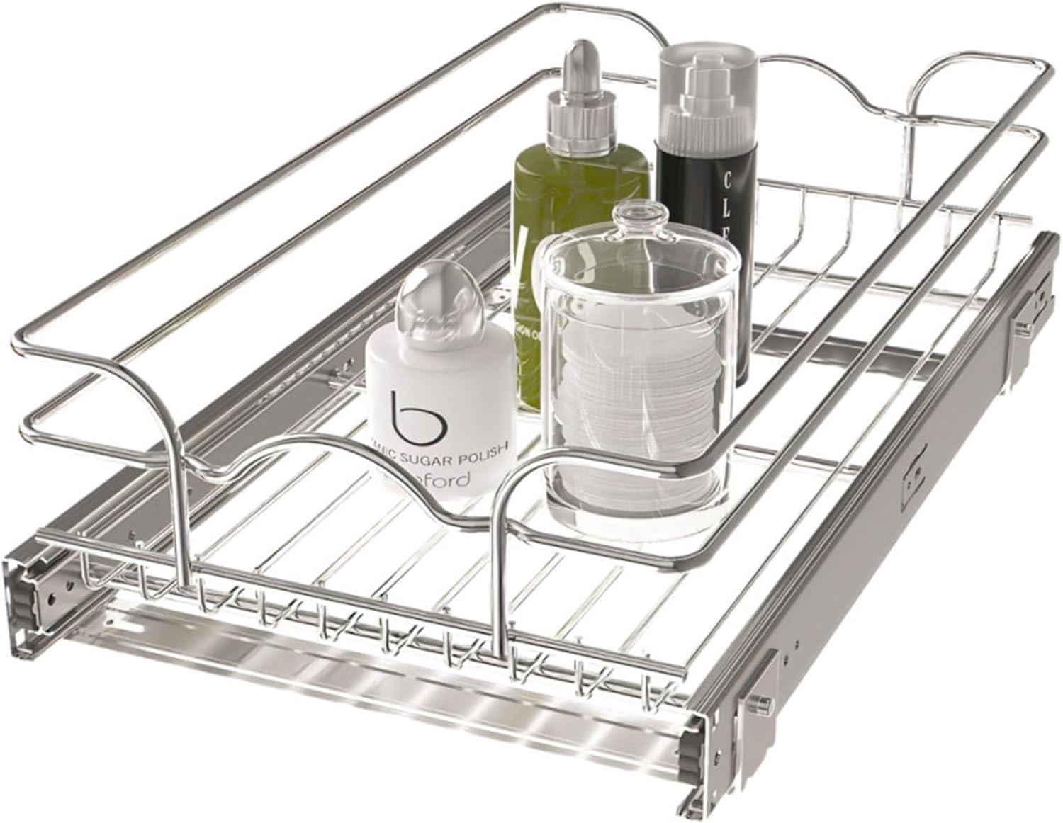 Rev-A-Shelf 5WB1-0918 Single Wire Basket Pull Out Shelf Storage Organizer for Kitchen Base Cabinets, Silver