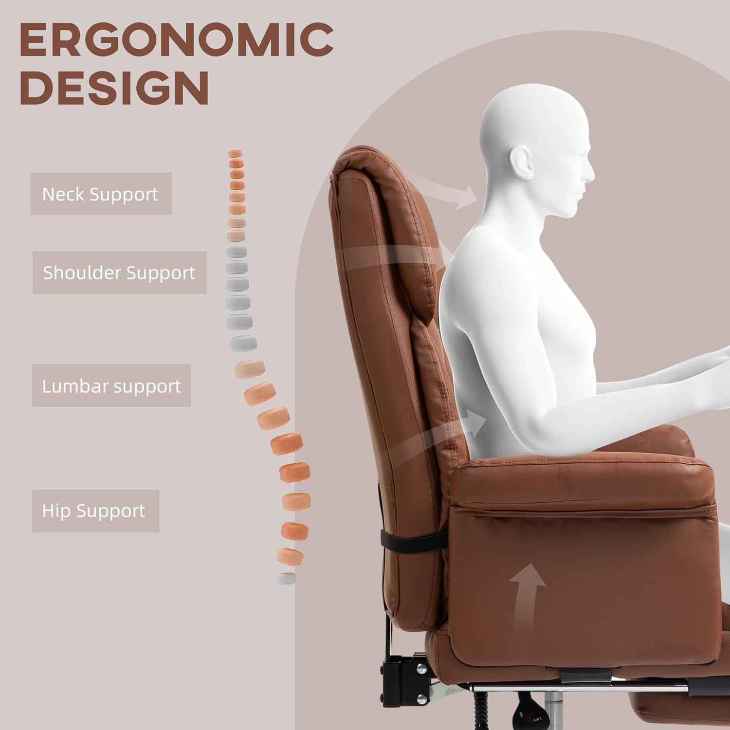 HOMCOM Executive Office Chair with Footrest and Lumbar Support, PU Leather Office Desk Chair, Ergonomic, Reclining and Swivel Chair, Brown