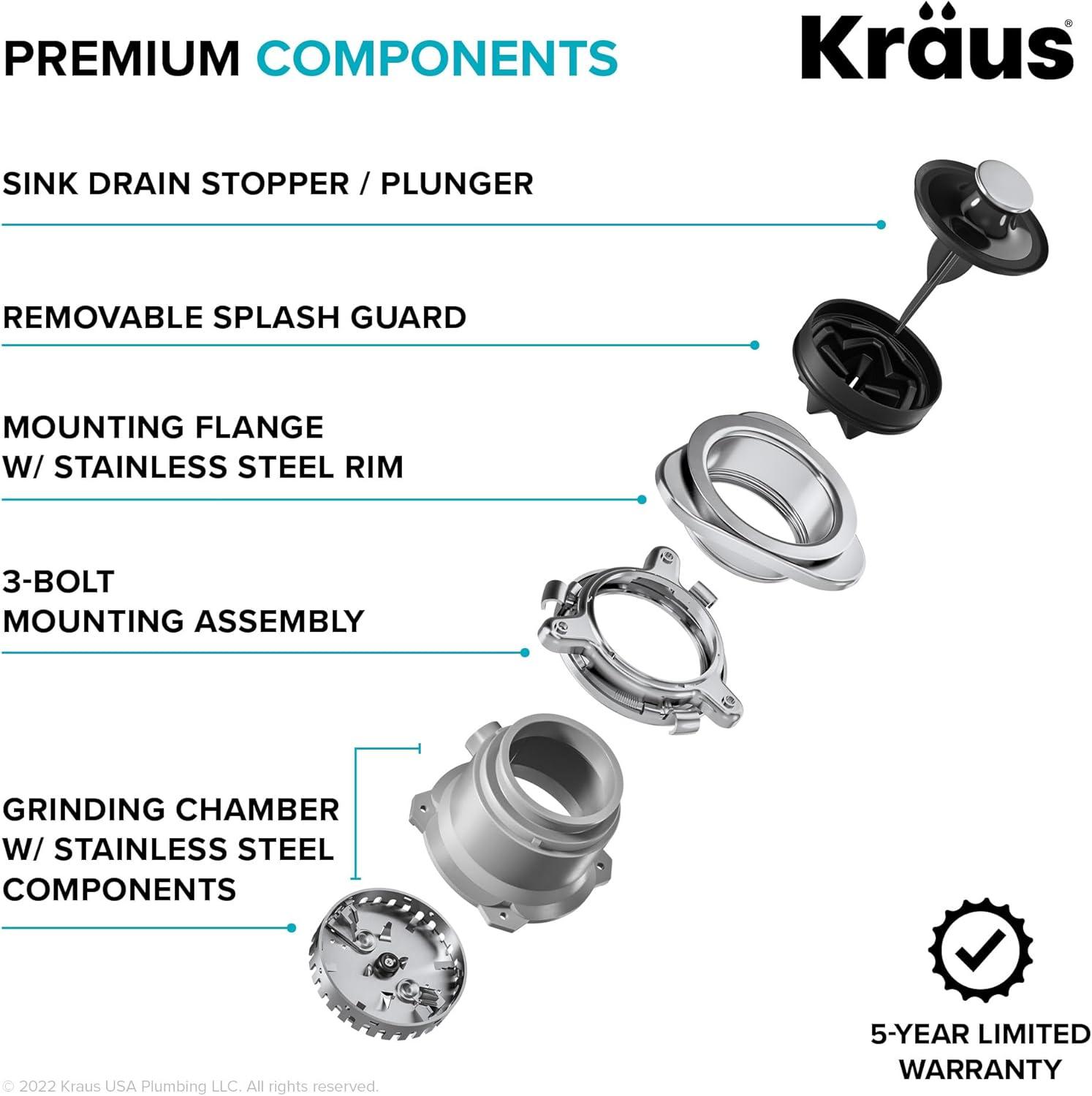 KRAUS WasteGuard Continuous Feed Motor Garbage Disposal with Power Cord and Universal Mount