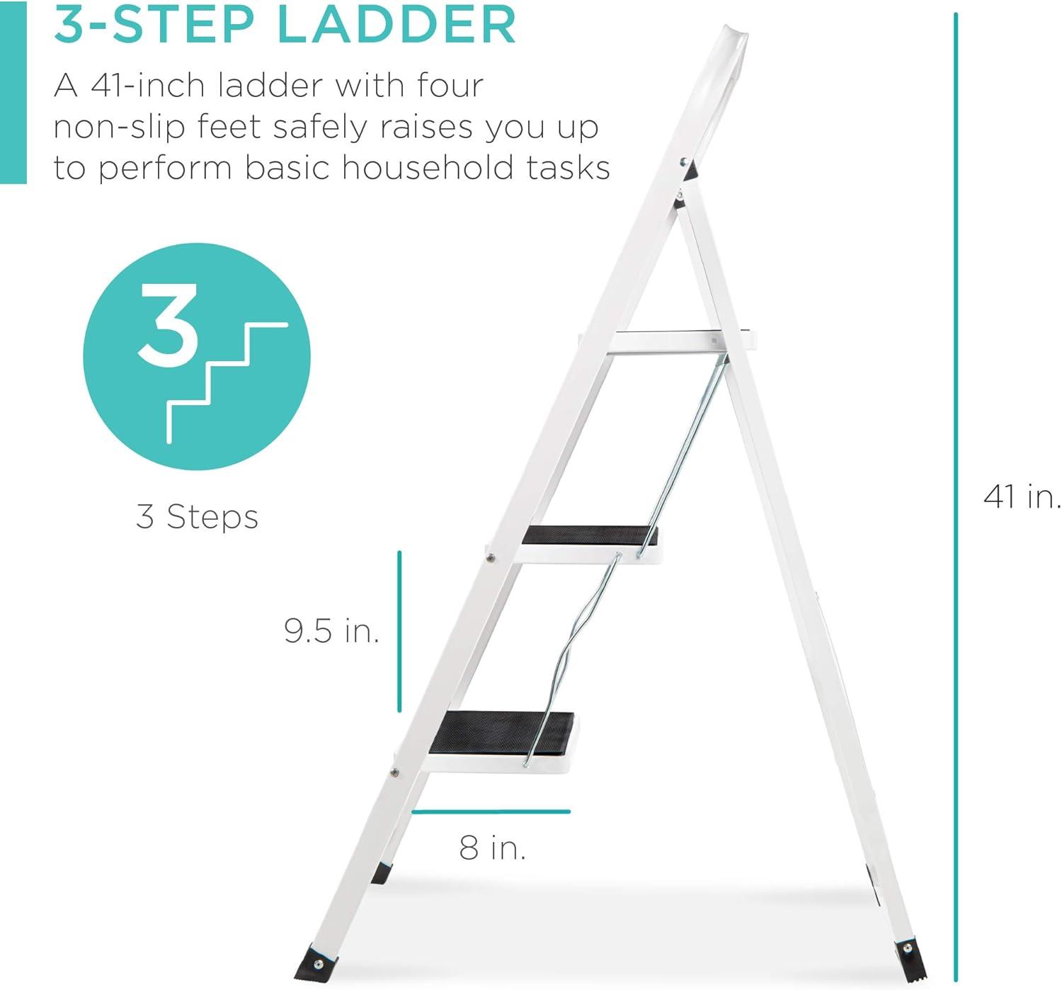 Best Choice Products 3 Step Ladder Folding Lightweight Step Stool for Home w/ Non-Slip Feet, Padded Steps, 330lb White