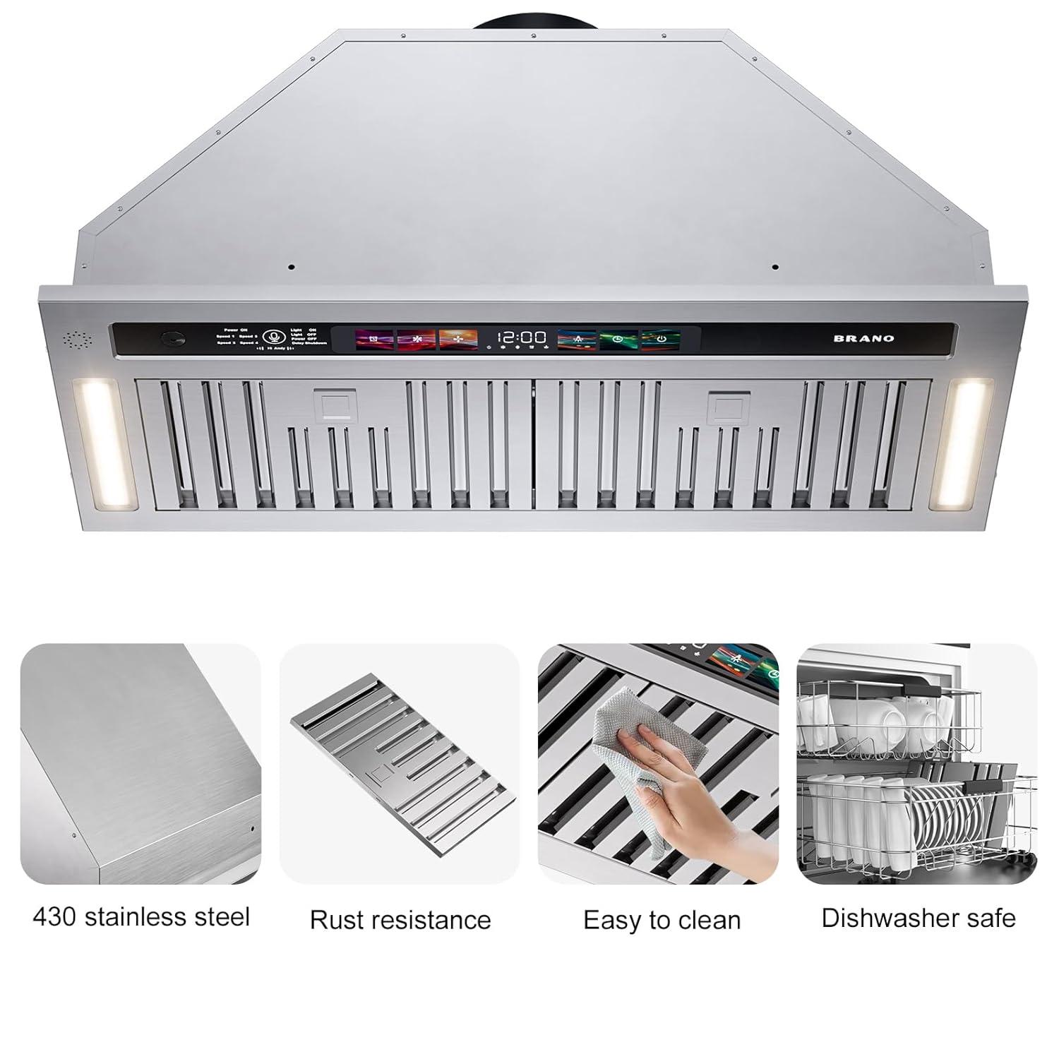 Range Hood Insert 30 Inch, 900 CFM Smart Voice/Gesture/Touch Control, 4 Speed Exhaust Fan, Stainless Steel Kitchen Hood with Charcoal Filter, Ducted/Ductless Convertible