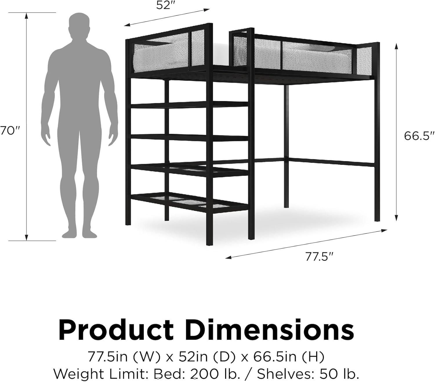 Twin Black Metal Loft Bed with Bookcase and Slats