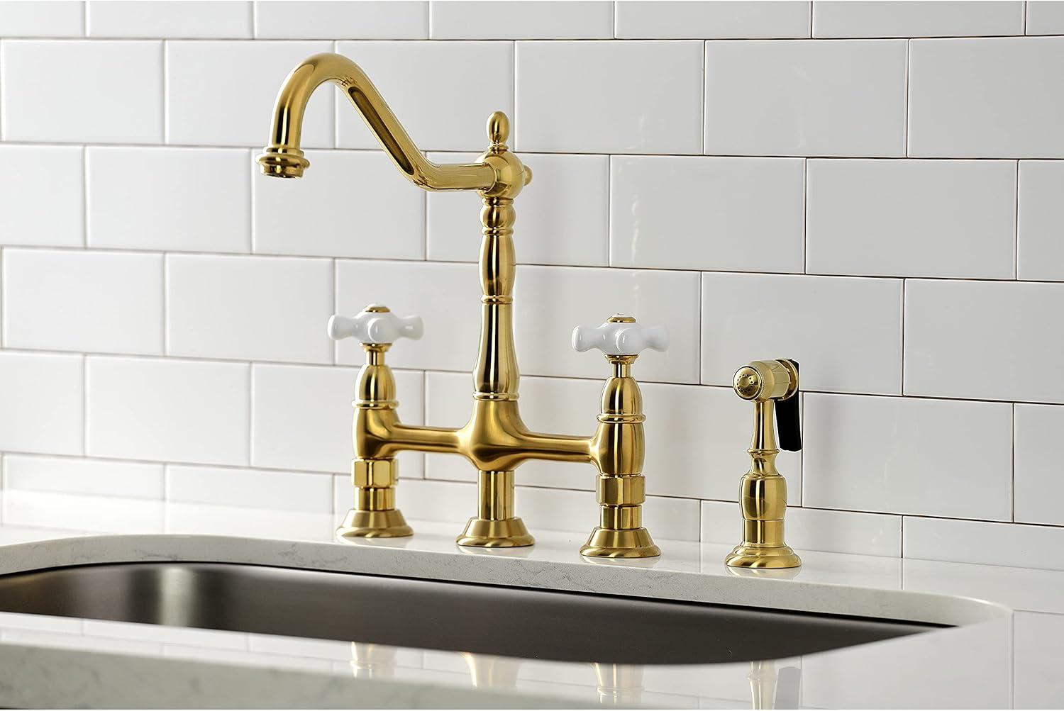 Kingston Brass Heritage Two-Handle 4-Hole Deck Mount Bridge Kitchen Faucet with Brass Side Sprayer