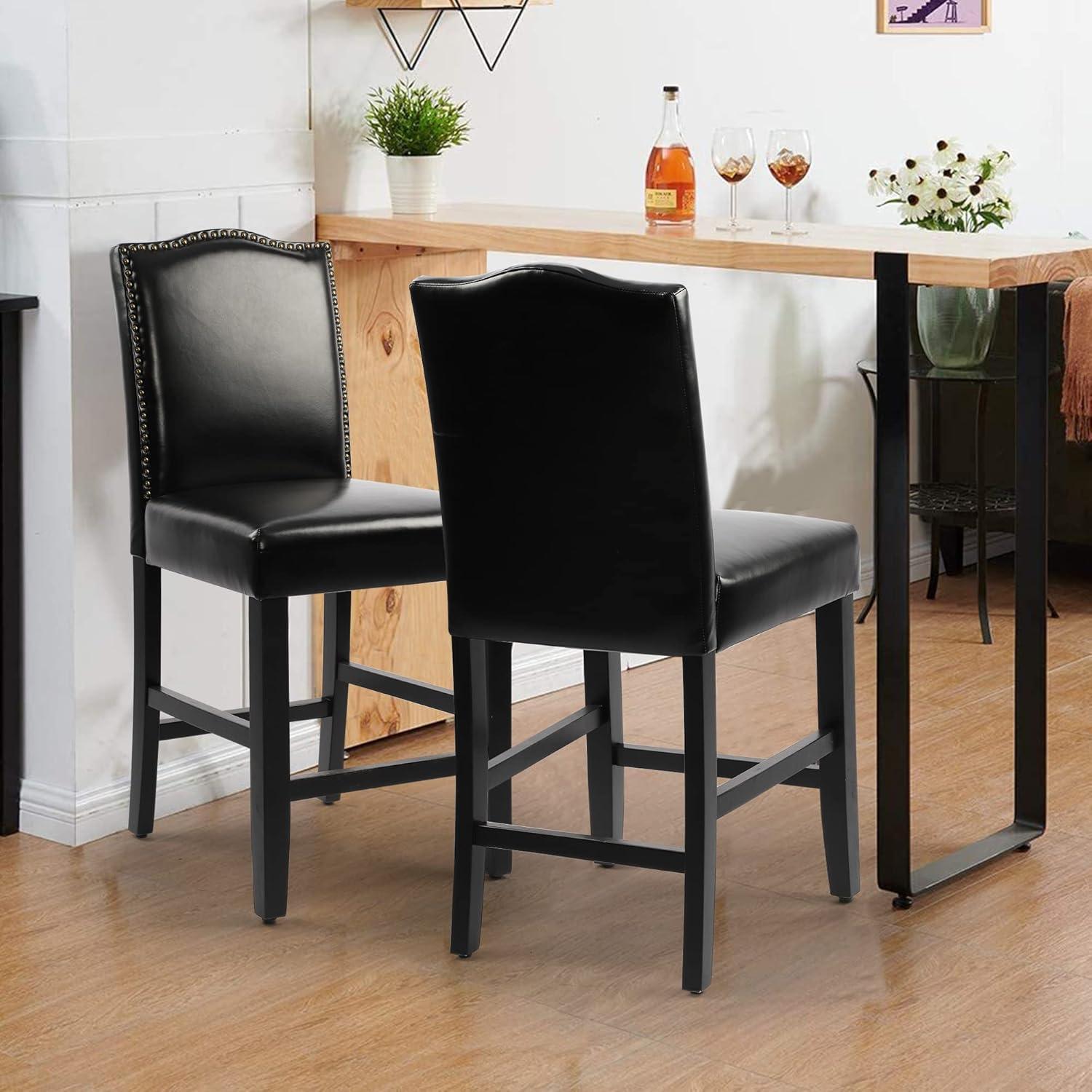 Black Faux Leather and Wood Counter Height Stools, Set of 2