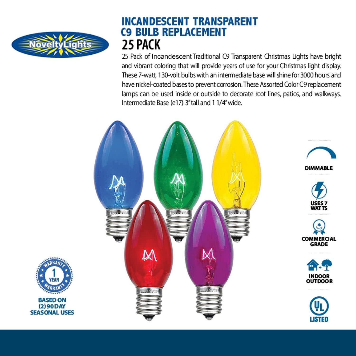 Novelty Lights Twinkle blue C9 Incandescent Traditional Vintage Christmas Replacement Bulbs 25 Pack