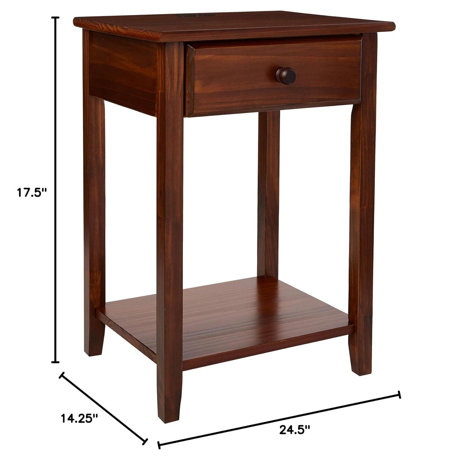 Casual Home Solid Wood Night Owl Bedside Nightstand with USB Ports, Warm Brown
