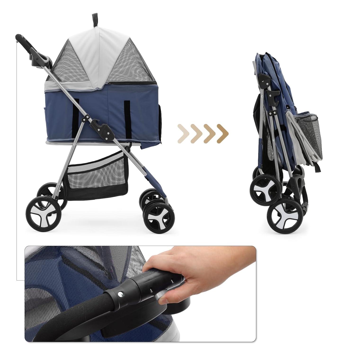 MoNiBloom 4 Wheel Foldable Dog Pet Stroller with Cup Holder, Navy Blue