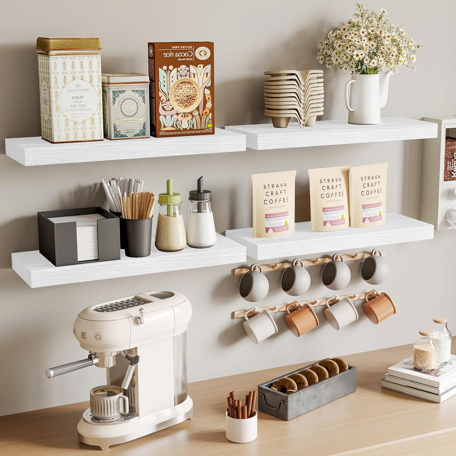 White Wood Floating Kitchen Wall Shelves Set of 4