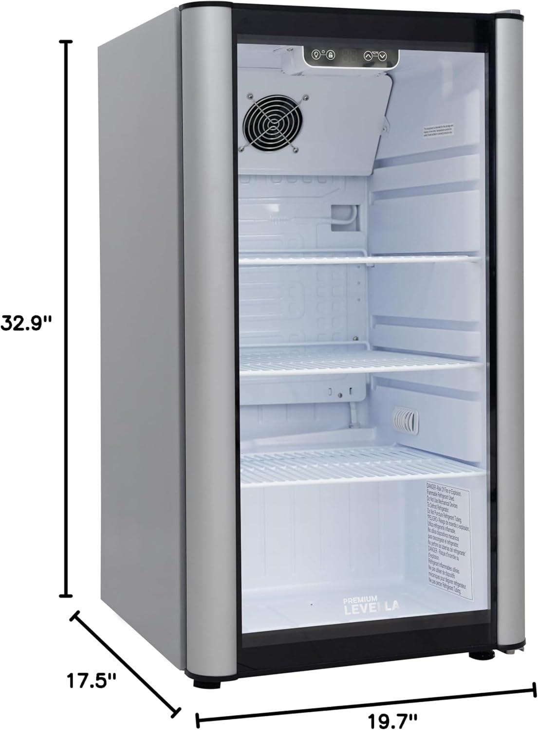 Premium Levella PRF36DX Glass Door Display Refrigerator 3.1 cu ft Commercial Beverage Cooler Merchandiser - Silver