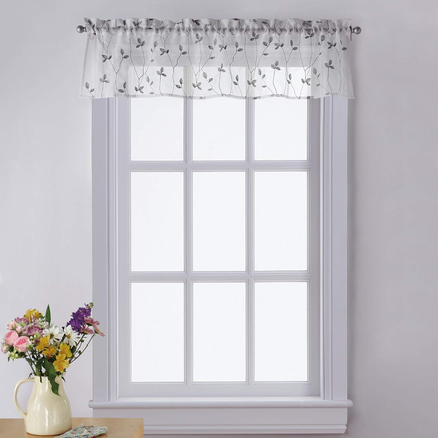 Gray Botanical Embroidery Rod Pocket Window Valance