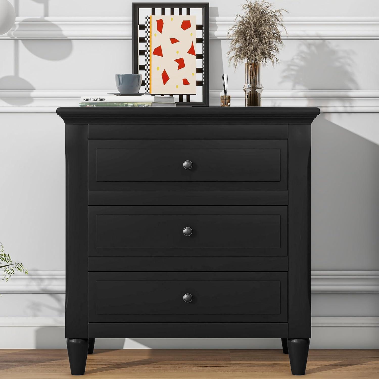 Black 28'' Modern 3-Drawer Wood Nightstand