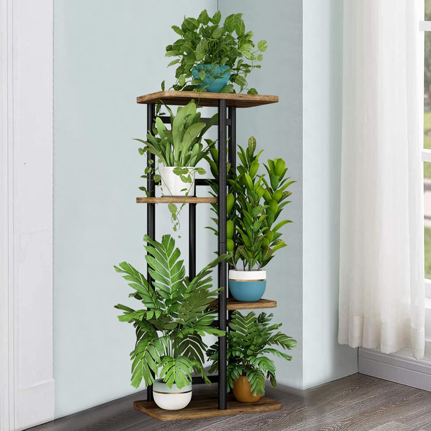 Black and Brown 4-Tier Iron and MDF Plant Stand