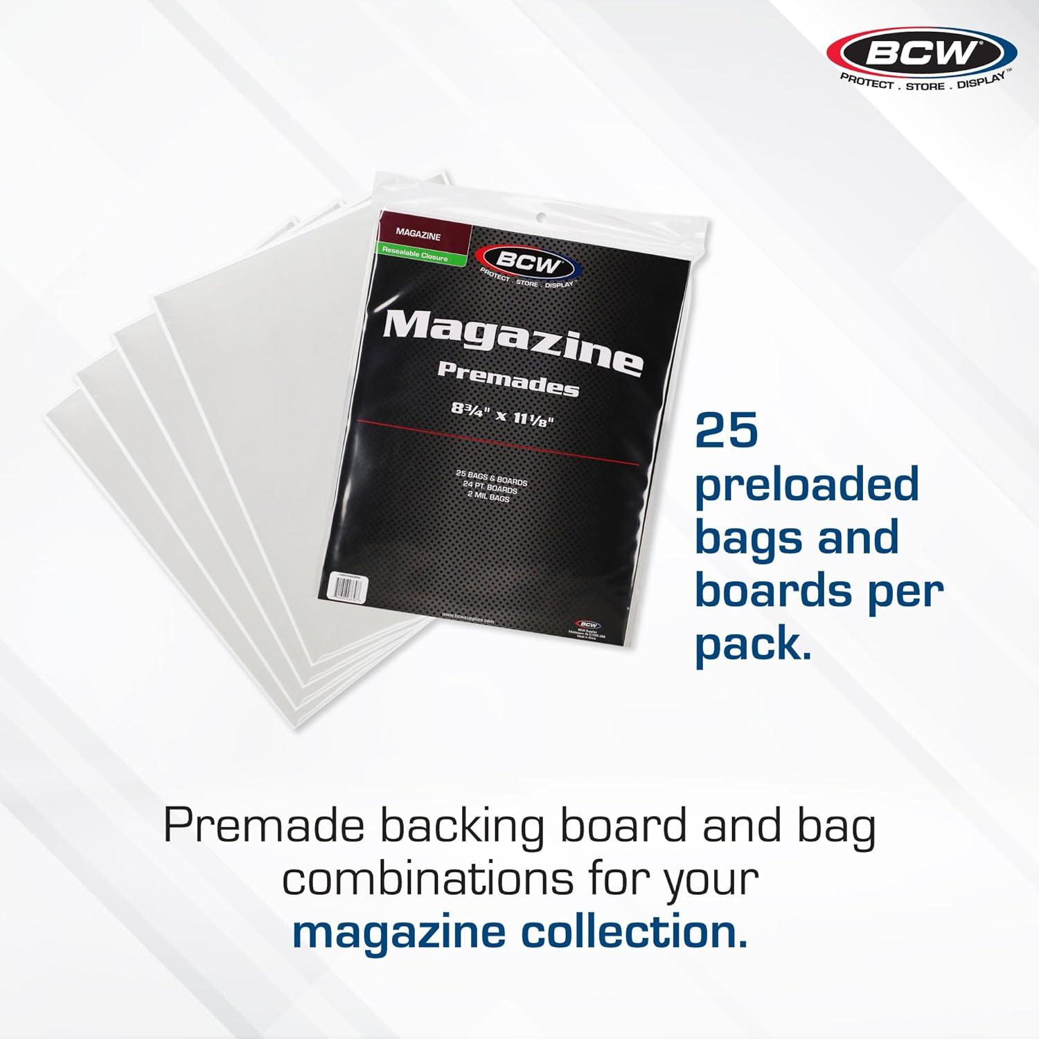 BCW Magazine Premade Resealable Bags and Boards | Standard Size 8 ¾" x 11⅛" | Pre-Loaded Boards in Magazine Sleeve Protectors | Ideal for Packaging and Protecting Magazines (25, Resealable)