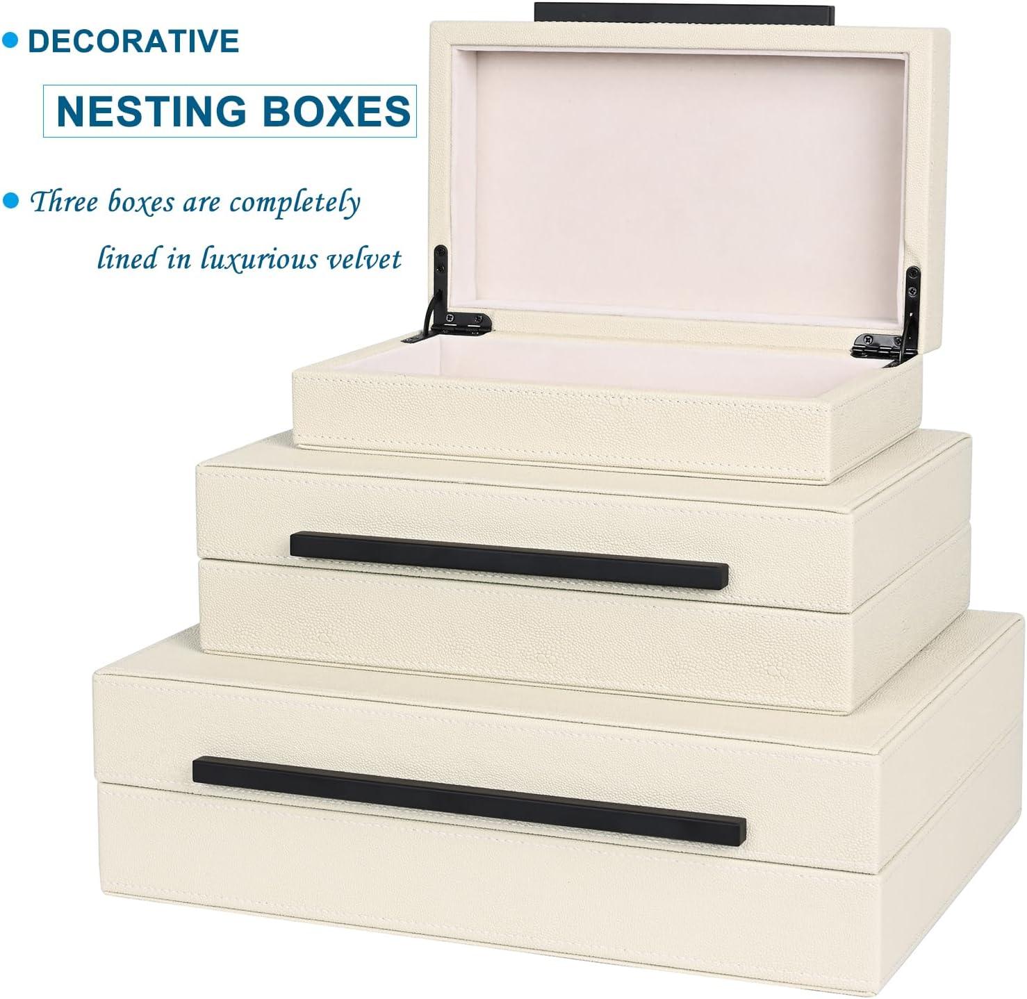 Faux  Leather Decorative Jewelry Storage Nesting Organizer Boxes with Lids Gold Handle Set of 3, Black