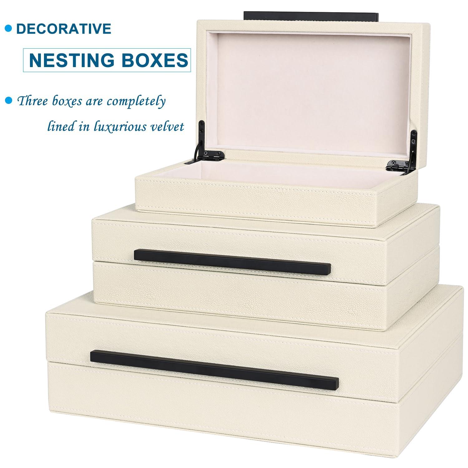 Faux  Leather Decorative Jewelry Storage Nesting Organizer Boxes with Lids Gold Handle Set of 3, Black