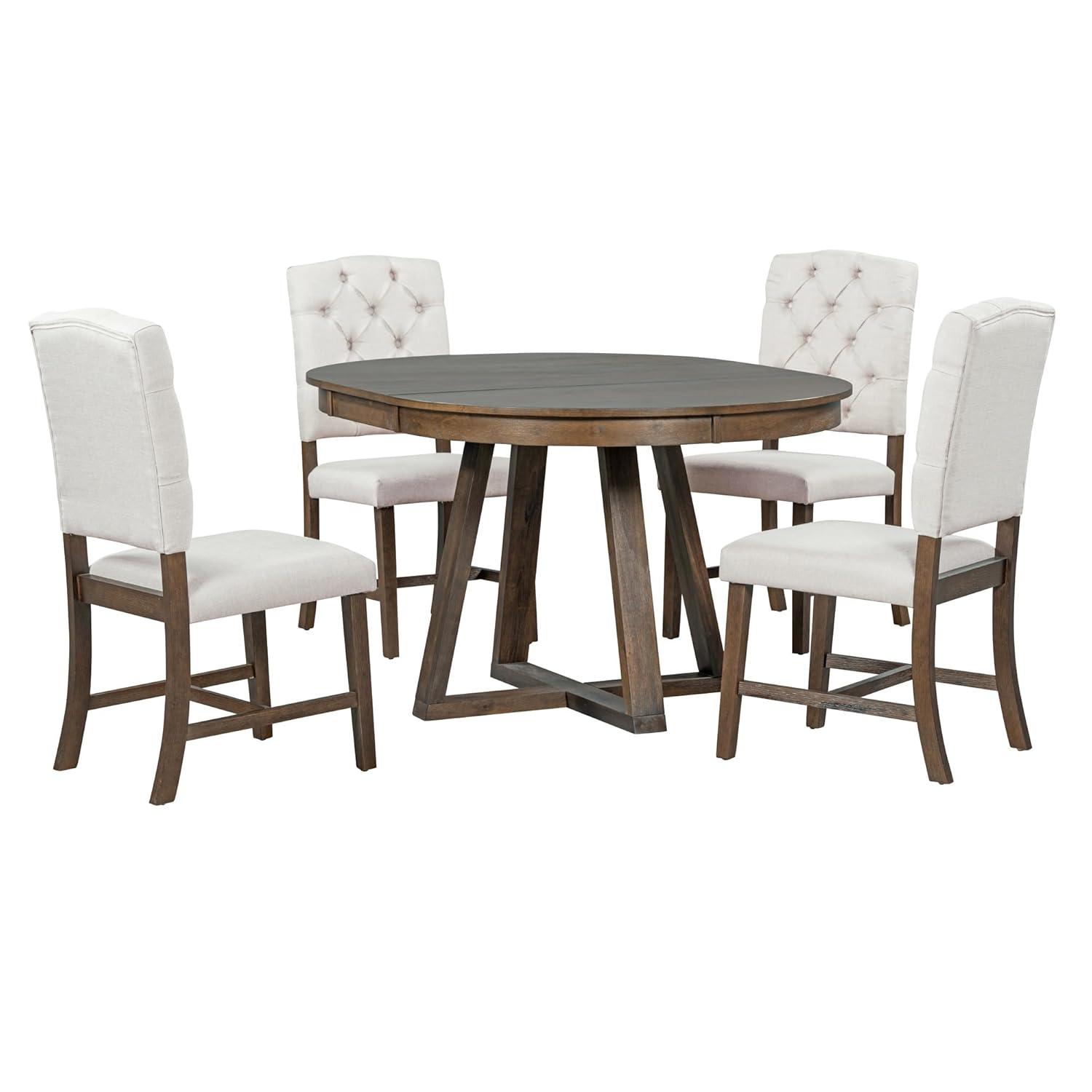 5 Piece Round Dining Table Set, TUANLUO Dining Room Set with Extendable Table and 4 Cushioned Chairs, Wood Dining Table Set for 4, Farmhouse Dining Table Set for Kitchen Dining Room, Walnut