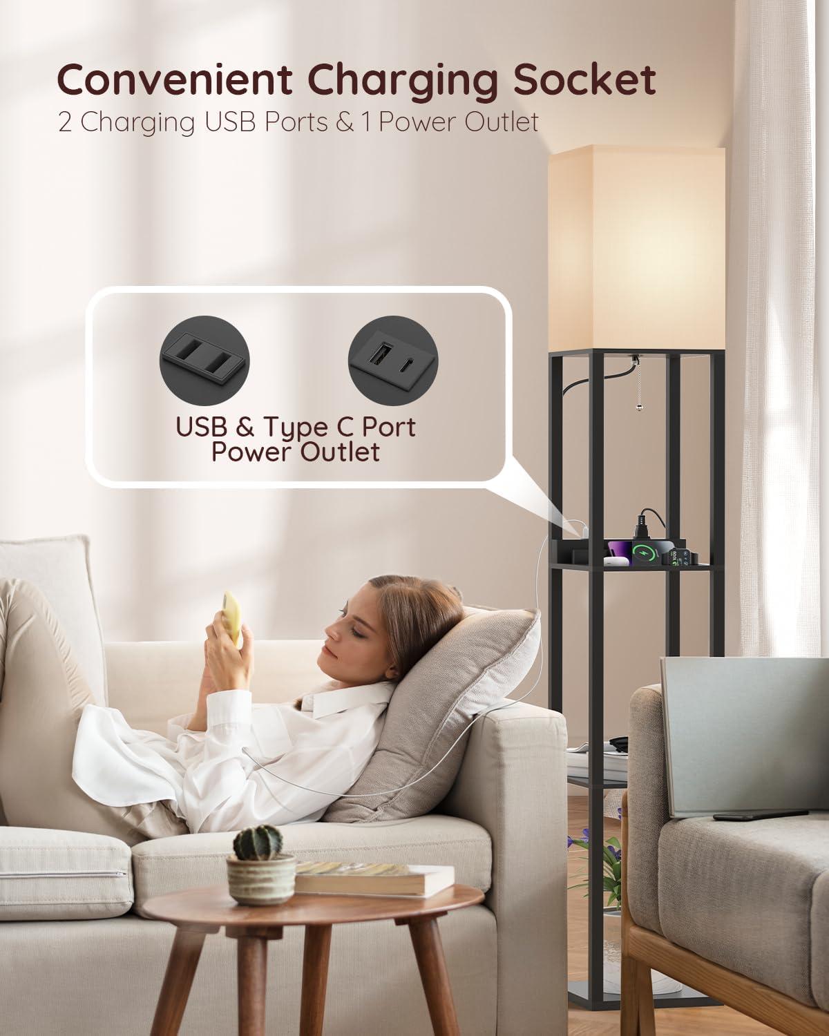 Matt Black Solid Wood Shelf Floor Lamp with USB Charging Ports