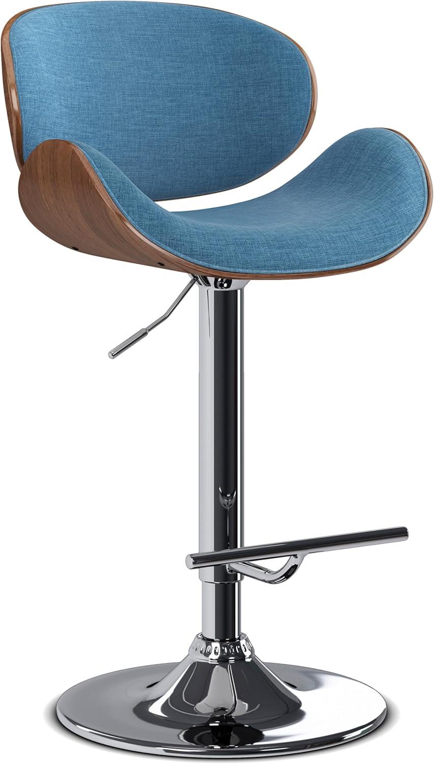 Blue Linen Adjustable Swivel Bar Stool with Wood Accents