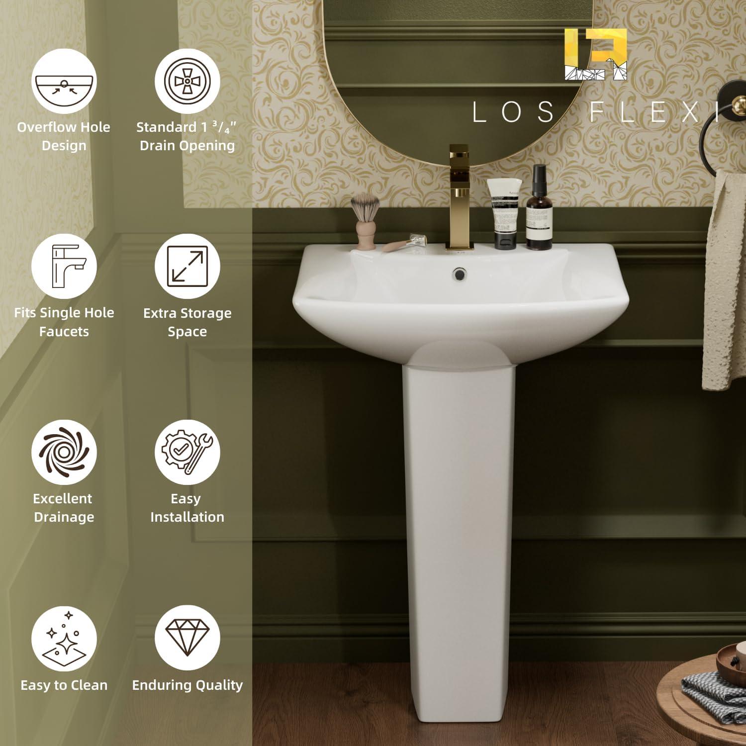 Classic Vintage Bathroom Pedestal Sink, Los Flexi 23"W x 19"D White Ceramic Freestanding Sinks for bathrooms, Overflow, 3 Pre-Drilled Holes for 4-Inch Faucets, Easy Install