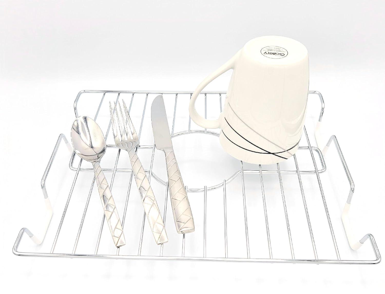 SOFINNI Kitchen Sink Protector White Steel Sink Grate Insert Grid Sink Bowl Rack Rust Prevent (Chrome) (16" x 12.5")