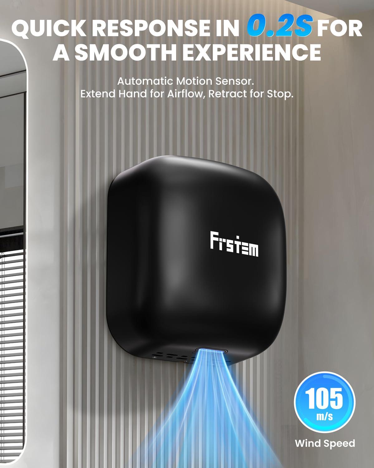 Frstem 1400W Commercial Hand Dryers, Automatic High Speed Hand Dryer Machine With Auto-Infrared Sensor&Smart Temp Control, Air Wiper Compact Hand Dryer For Home, Bathrooms, Restaurants, Hotels, Black