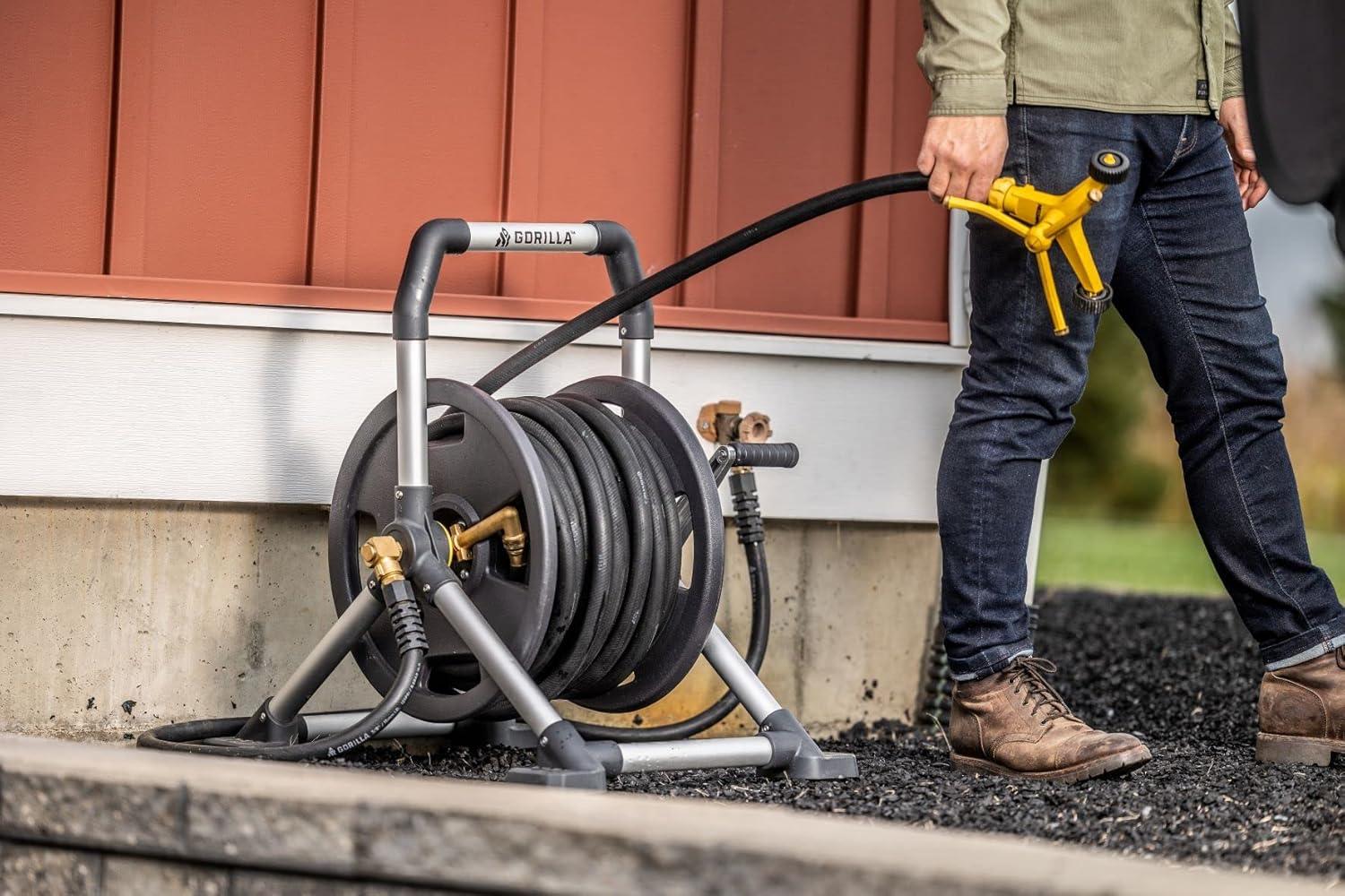 Gorilla Carts 150 ft. Black/Gray Retractable Free Standing Hose Reel Cart