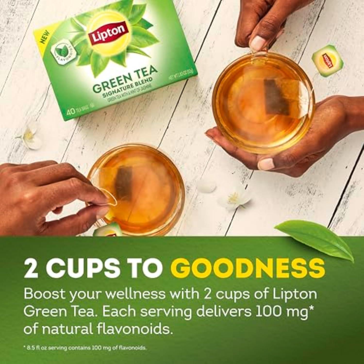 Lipton Signature Blend Green Tea Bags, Unsweetened Teabags for Hot Tea or Iced Tea with Caffeine and Flavonoids, 40 Count Box