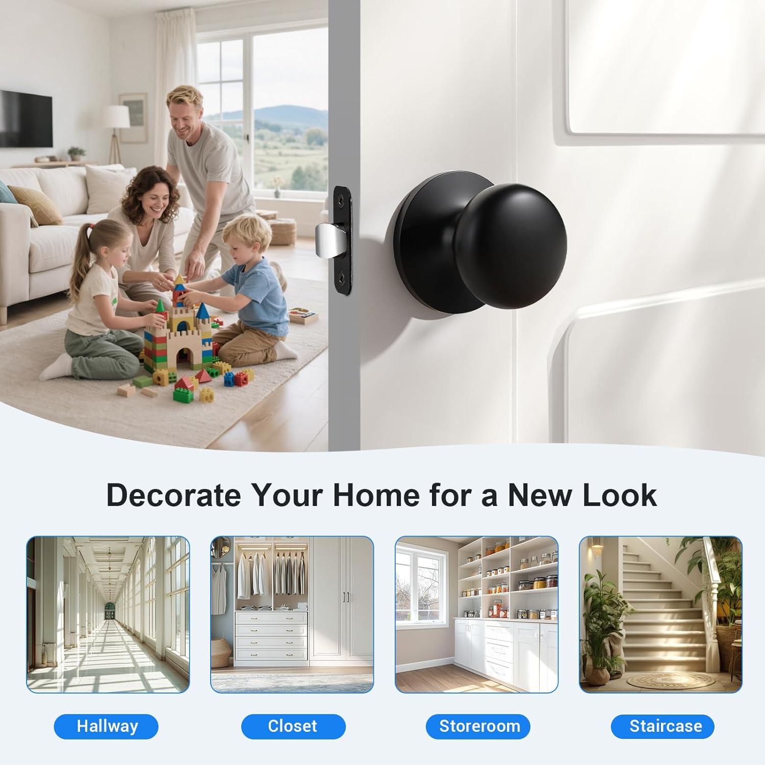 KNOBWELL 10 Pack Matte Black Passage Door Knob Set, Keyless Interior Closet Door Knobs for Hallway