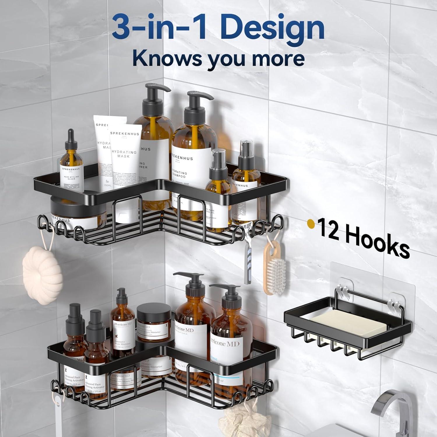 Rebrilliant 3-Pack Corner Adhesive Shower Caddy with Soap Holder & 12 Hooks, Stainless Steel