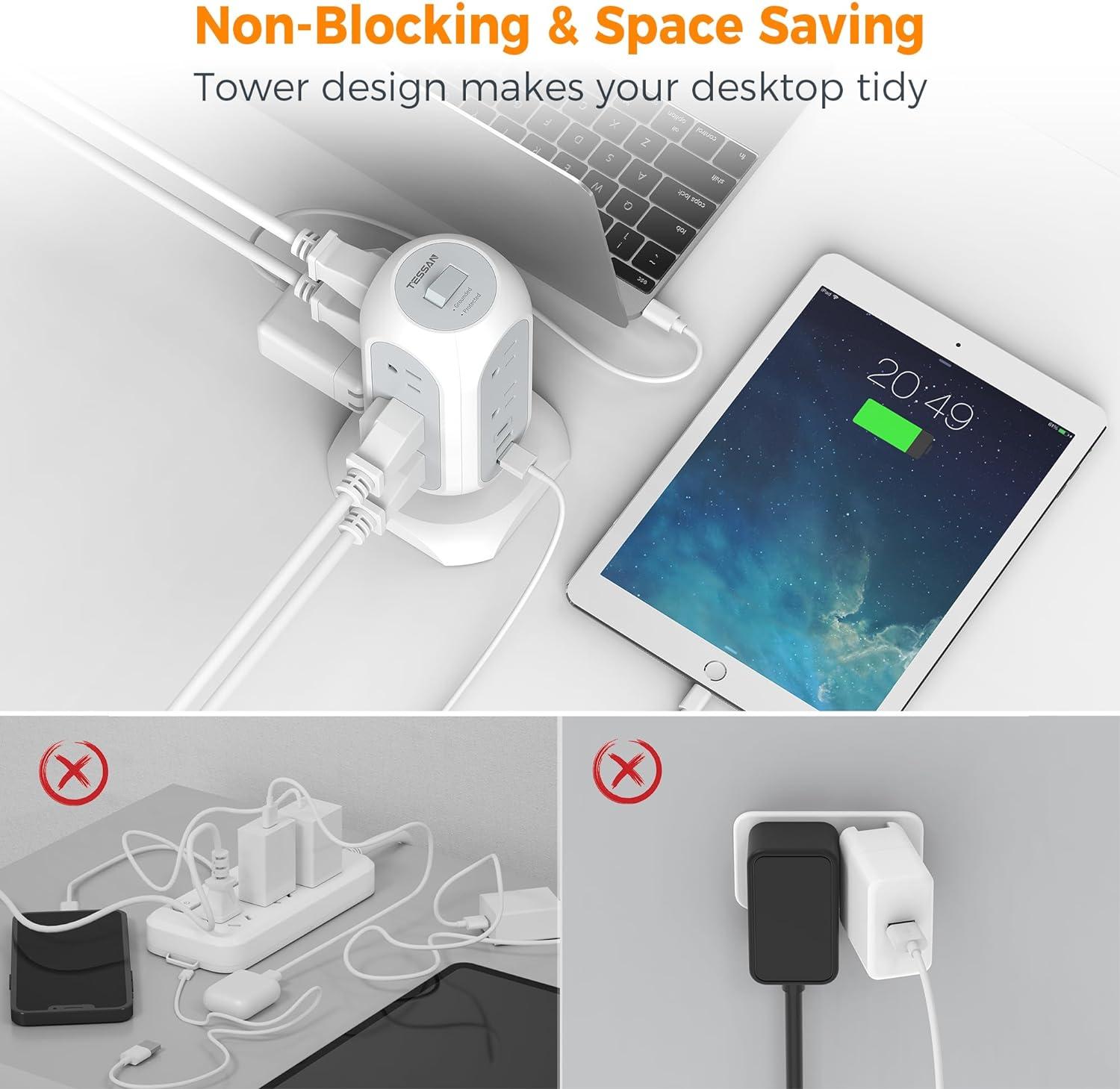 TESSAN Power Strip Tower w/ Surge Protector, 11 AC Outlets, & 3 USB Ports