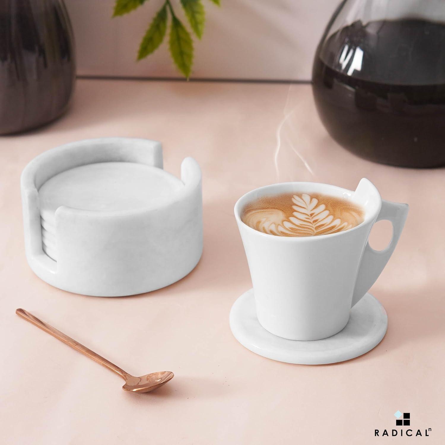 Radicaln White Marble Drink Coasters with Holder – 3.5" Round Handmade Coasters Set of 6 for Kitchen Table, Coffee Table, Bar, Home and Office Décor