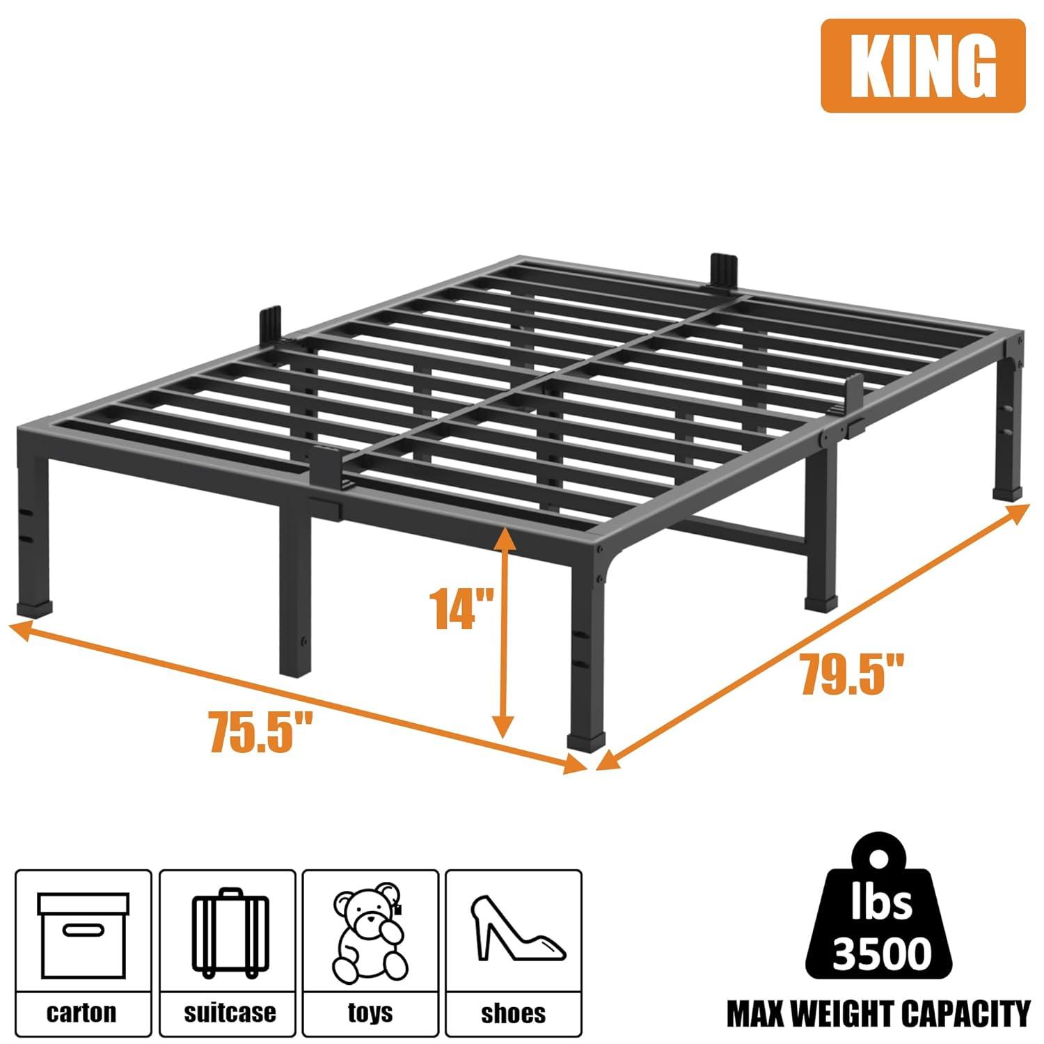 FUIOBYVV King Bed Frames, 16 Inch Heavy Duty Metal Platform Bed Frame King Size Support Up to 3500 lbs, No Box Spring Needed/No Shaking/Steel Slat Support/Noise Free/Easy Assembly