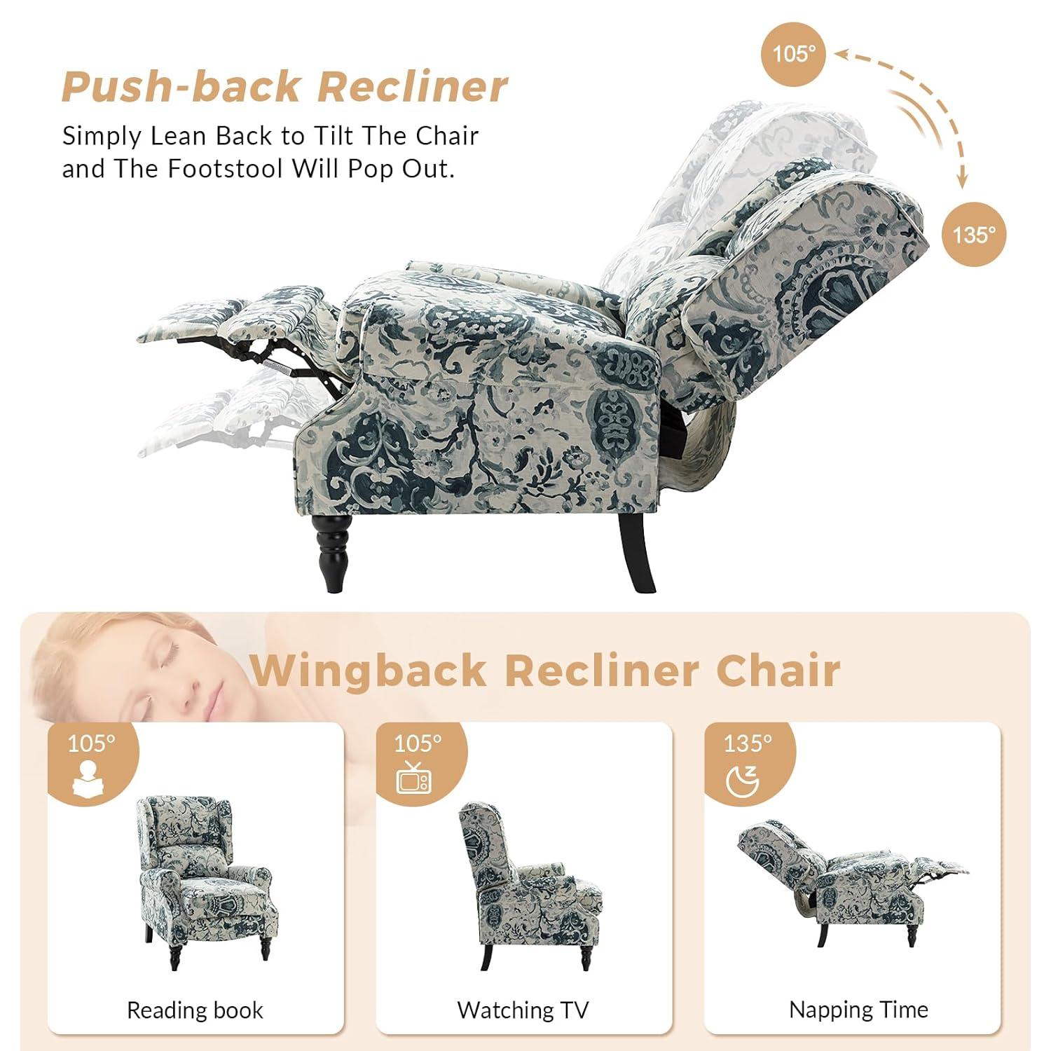 Floral Blue and White Upholstered Wingback Recliner with Rubber Wood Legs