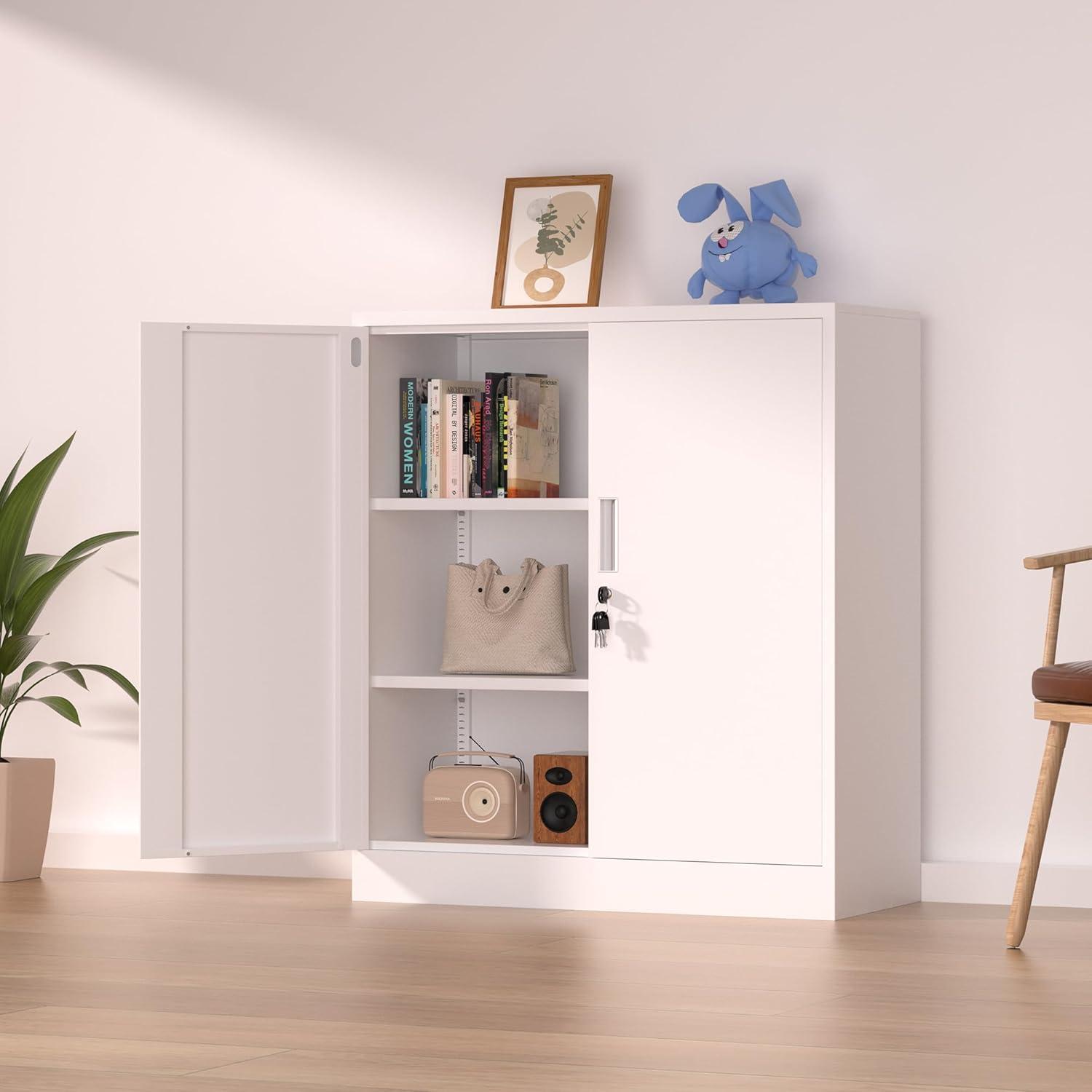 White Steel Lockable Office Cabinet with Adjustable Shelving