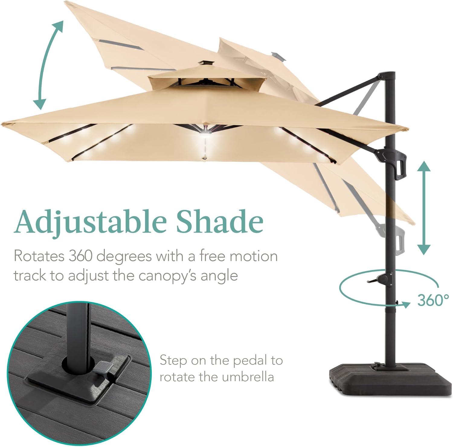 Best Choice Products 10x10ft 2-Tier Square Outdoor Solar LED Cantilever Patio Umbrella w/ Base Included - Sand