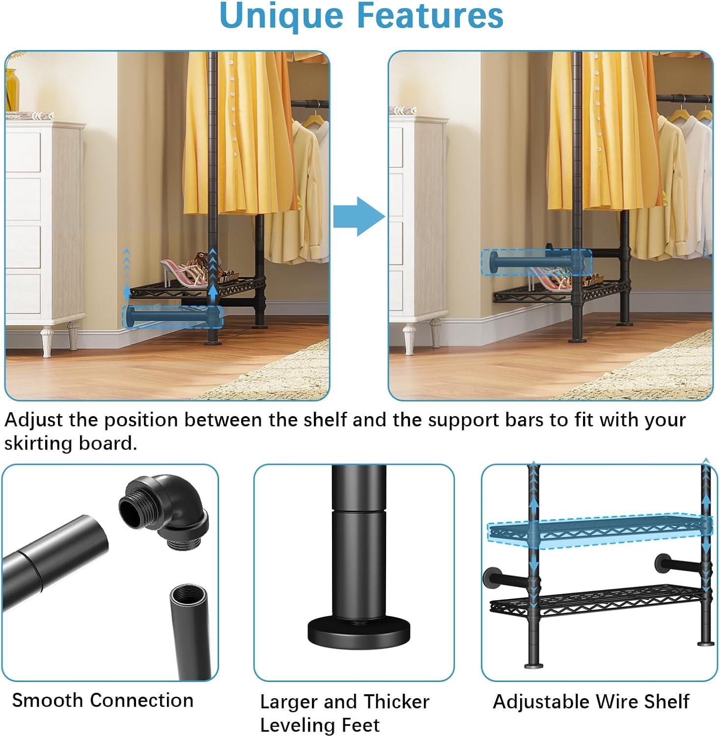 Timate F4 Wall Mounted Clothes Rack Industrial Pipe Clothing Rack , Expandable Garment Rack Heavy Duty Wardrobe Closet, Adjustable Closet, Black