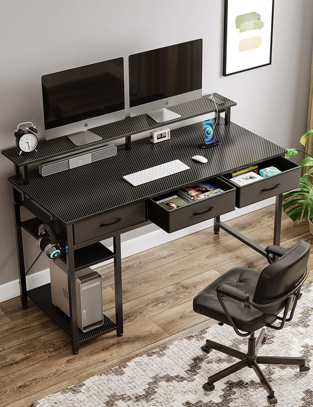 Carbon Black 39'' Computer Desk with LED Light and Power Outlets