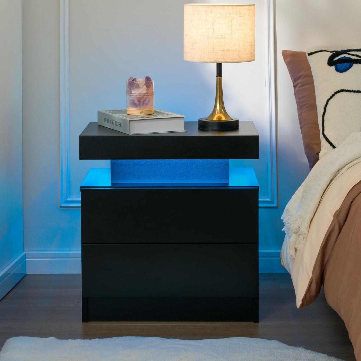 Black Modern LED Nightstand Set with 2 Drawers