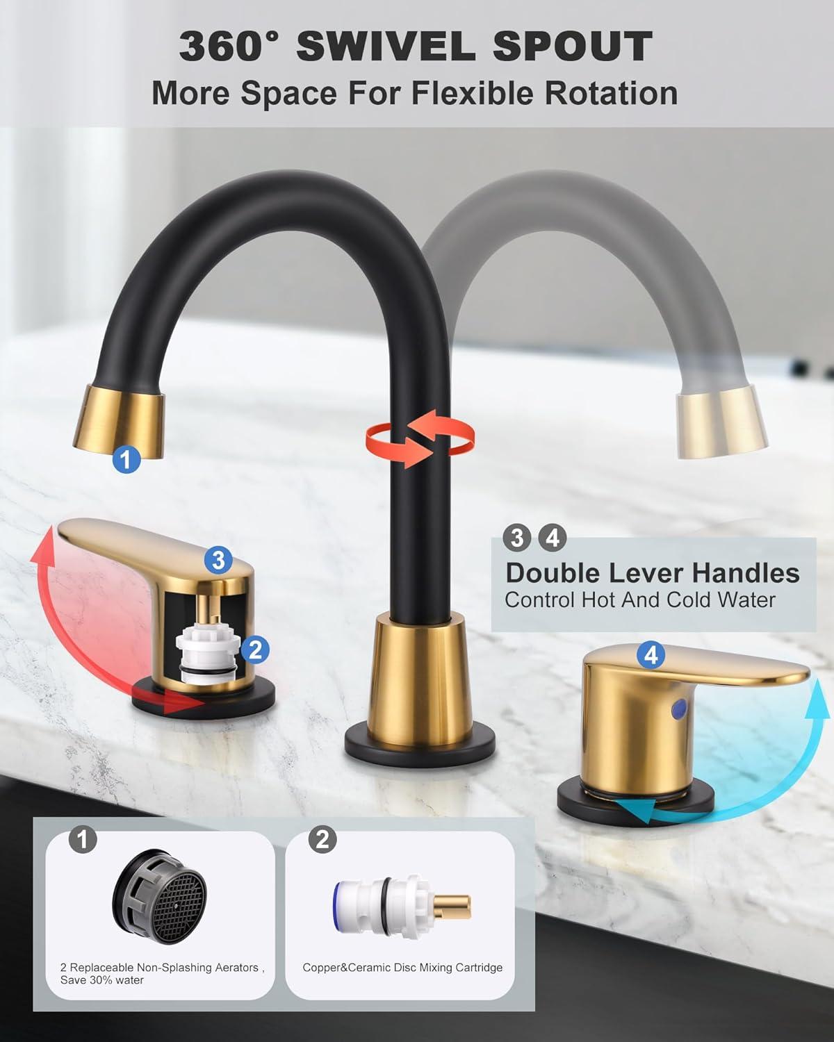 Matte Black and Gold Widespread Bathroom Faucet with High Arc Spout