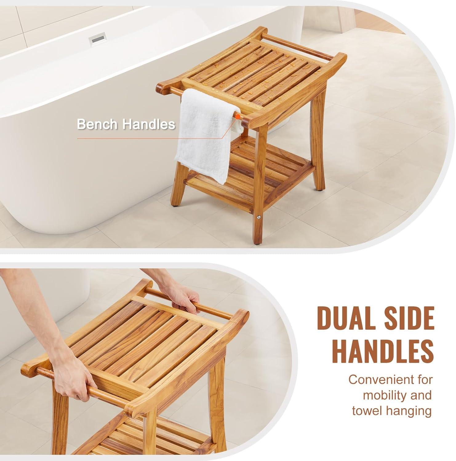 Teak Wood Shower Bench with Handles and Storage Shelf