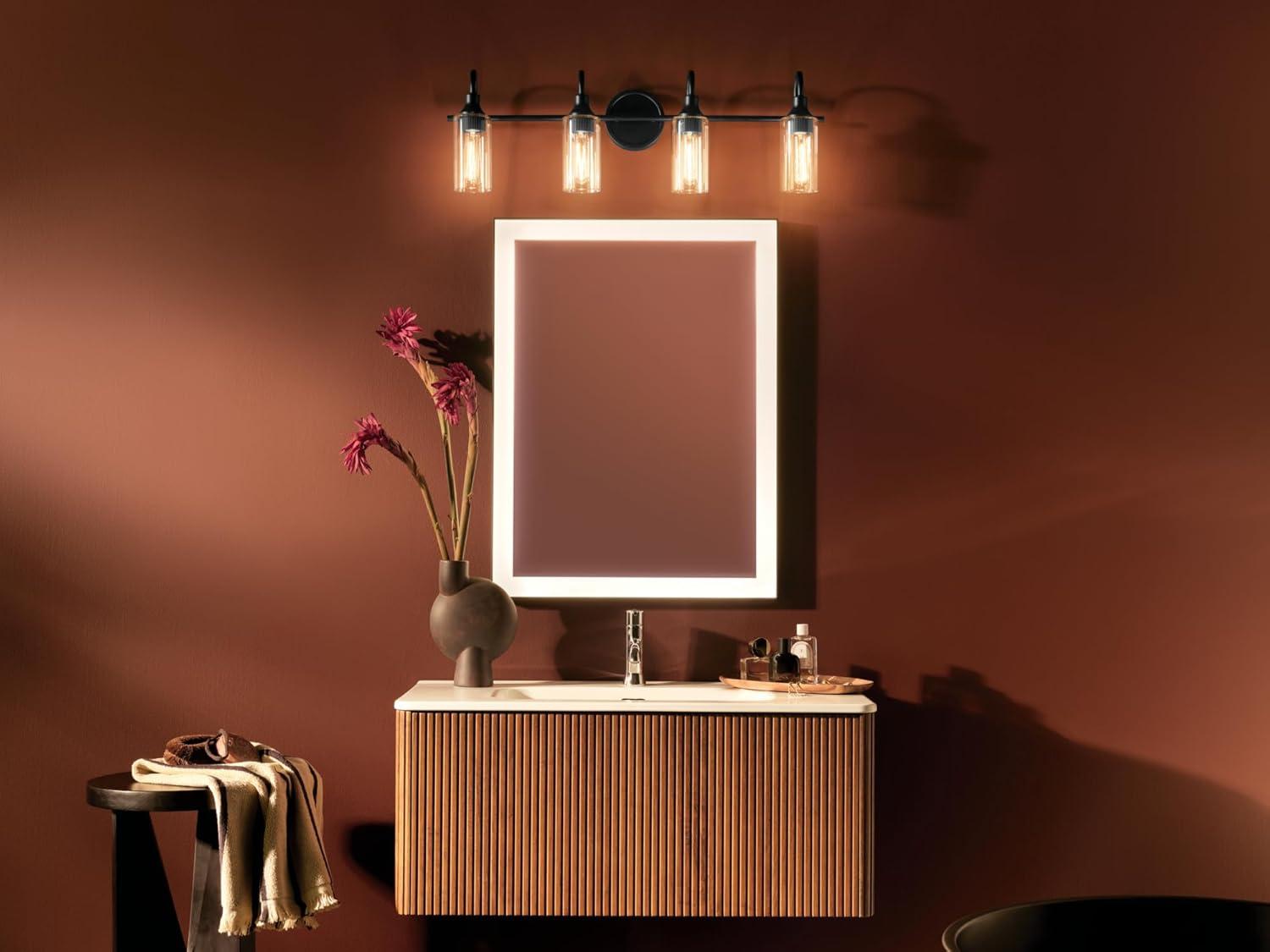 Kichler Kavi 31.5" 4-Light Vanity Light with Clear Glass in Black, Damp Rated, for Bathroom, Powder Room, Over a Mirror, (31.5" W x 10" H), 55212BK