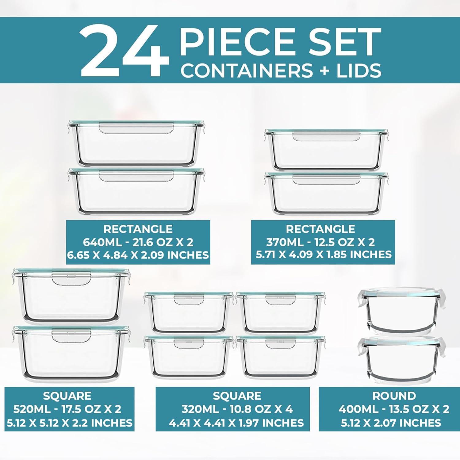 Razab 24 Piece Glass Food Storage Containers w/Airtight Lids - Microwave/Oven/Freezer & Dishwasher Safe - Steam Release Valve BPA/ PVC Free -Small & Large Reusable Round, Square & Rectangle Containers