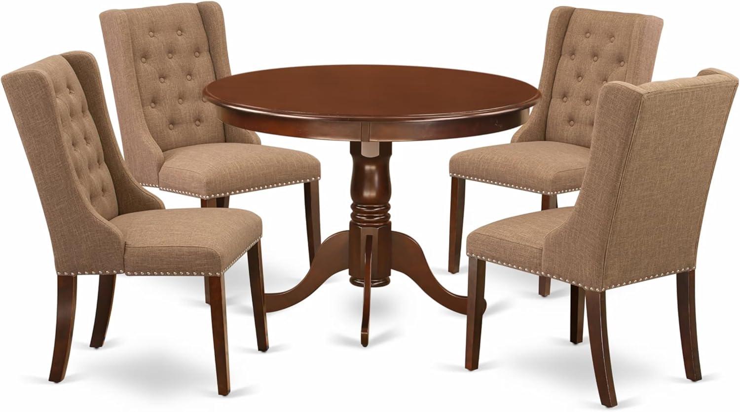 Mahogany Round Pedestal Dining Table with Light Sable Linen Chairs