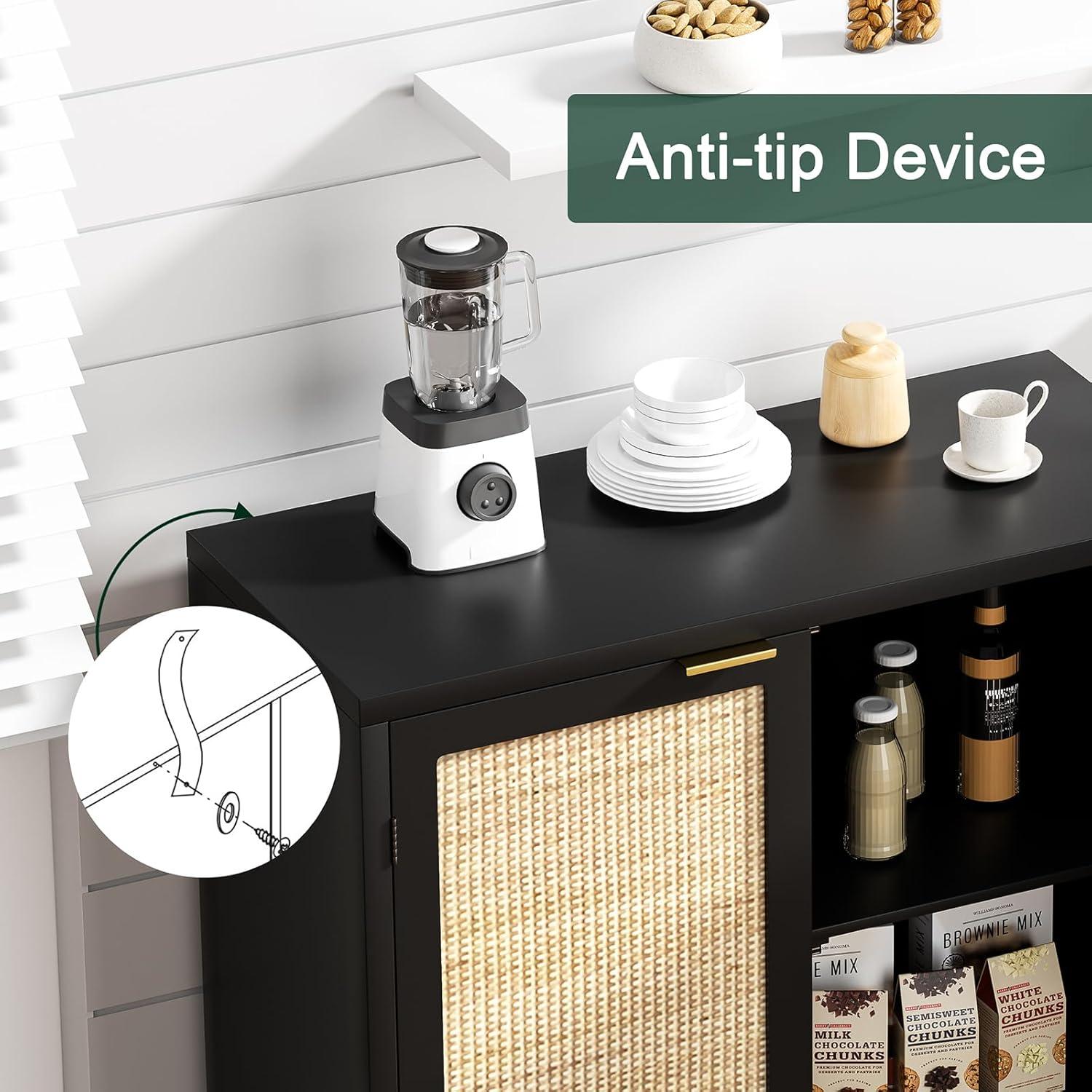 Anmytek  Mid-Century Modern 2-Door Black Buffet Sideboard Accent Storage Cabinet with Adjustable Shelves