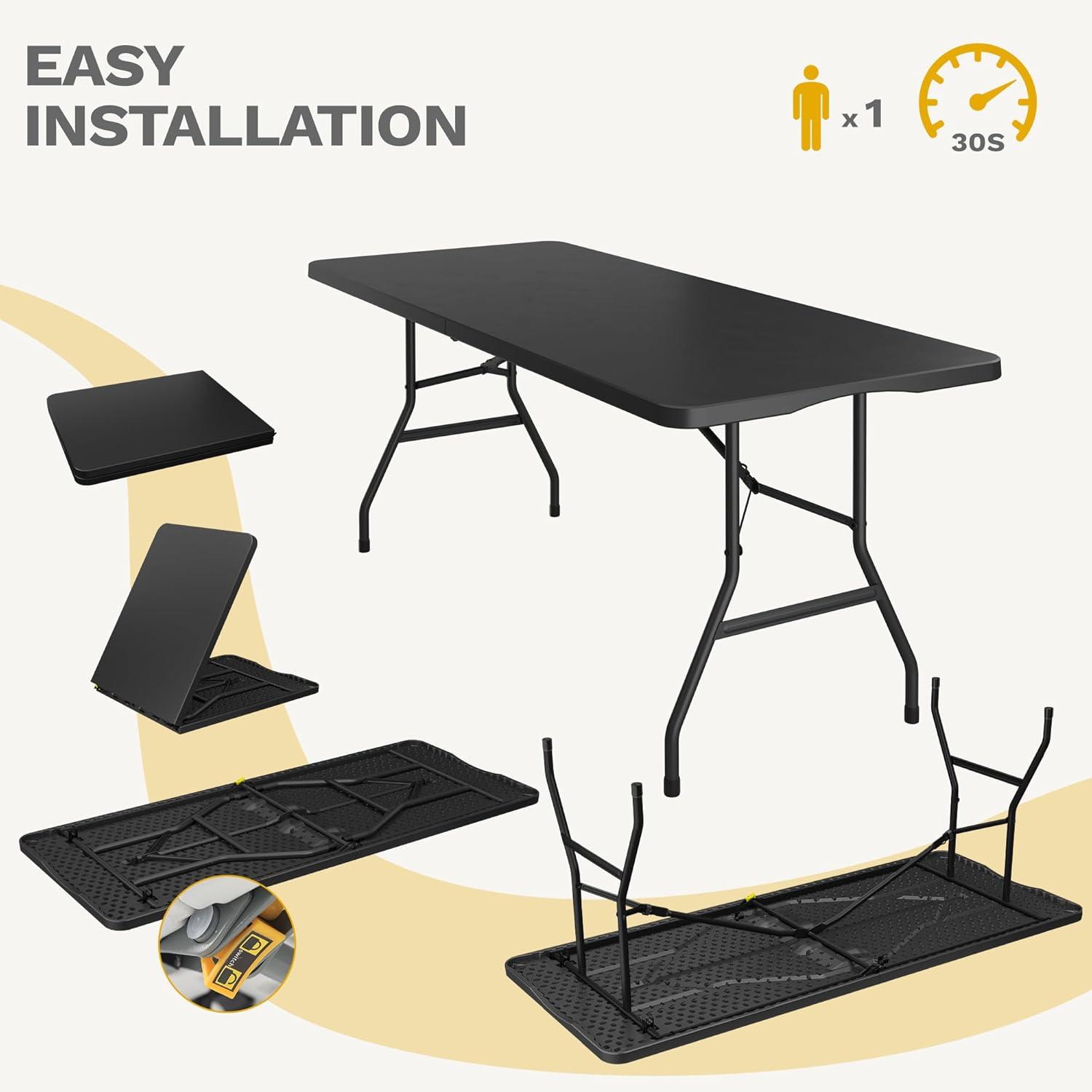 Folding Table 6 Foot,  Heavy-Duty, Portable Plastic Construction with Carrying Handle – Perfect for Picnics, Parties, and Office Indoor Outdoor Use, White