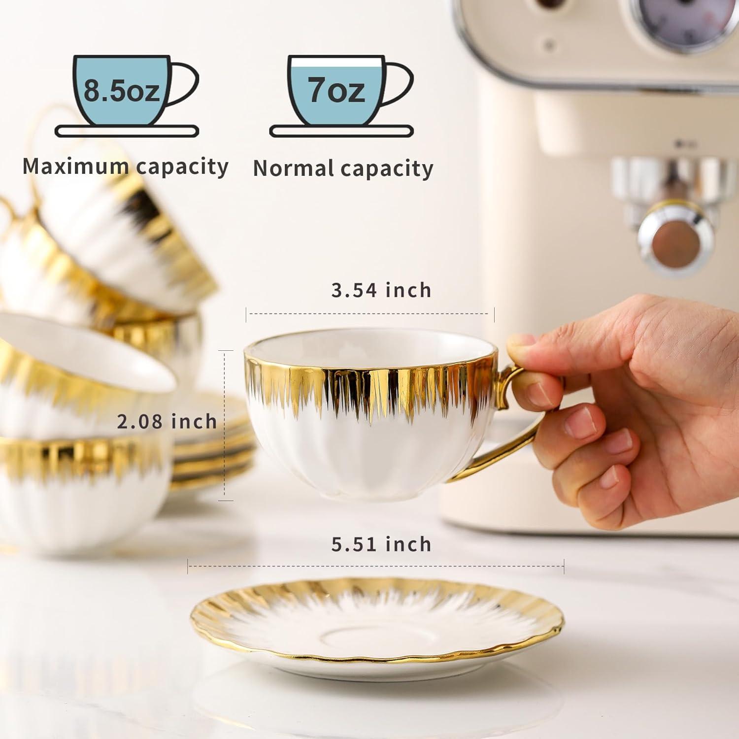 White and Gold Ceramic Cappuccino Cups with Saucers Set